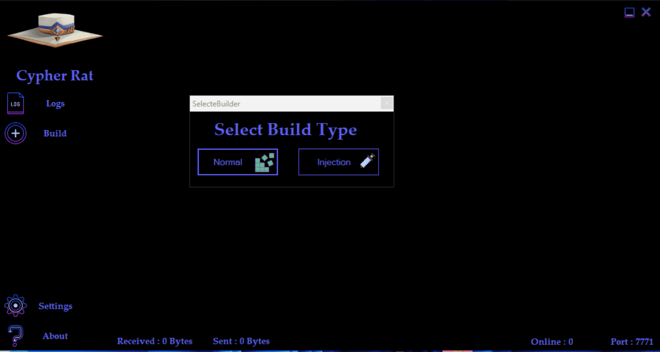 Cypher Rat Builder Type | in this Cypher rat screenshot its shoe two types to build payload to hack any Device