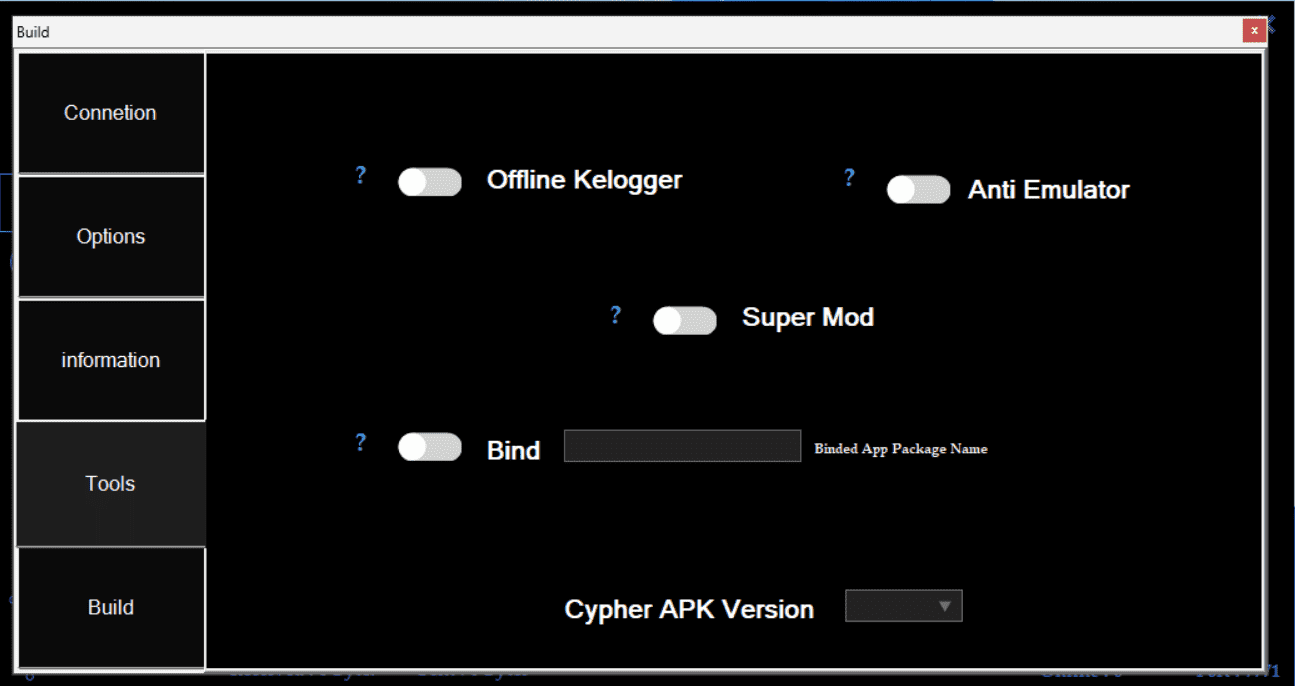 Cypher Rat Builder tools - In this picture, showing hacking settings of Cypher Rat to add in Payload and APK for hacking an android phone