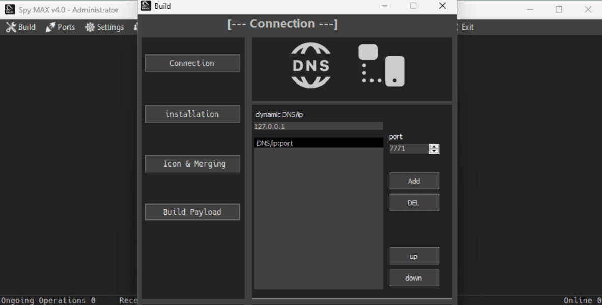 SpyMax Rat builder Connection settings