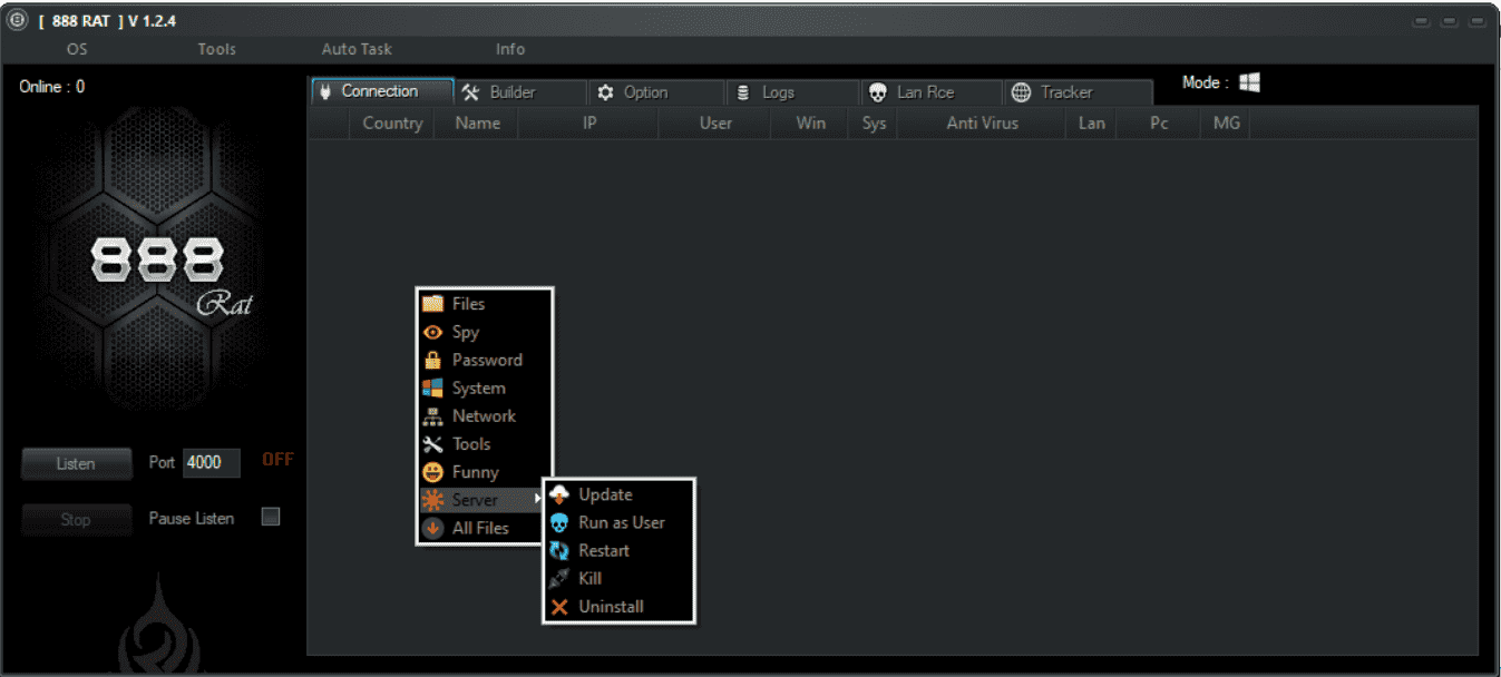 888 Rat Server Feature - server feature allow to create a victim computer to server to use it as own
